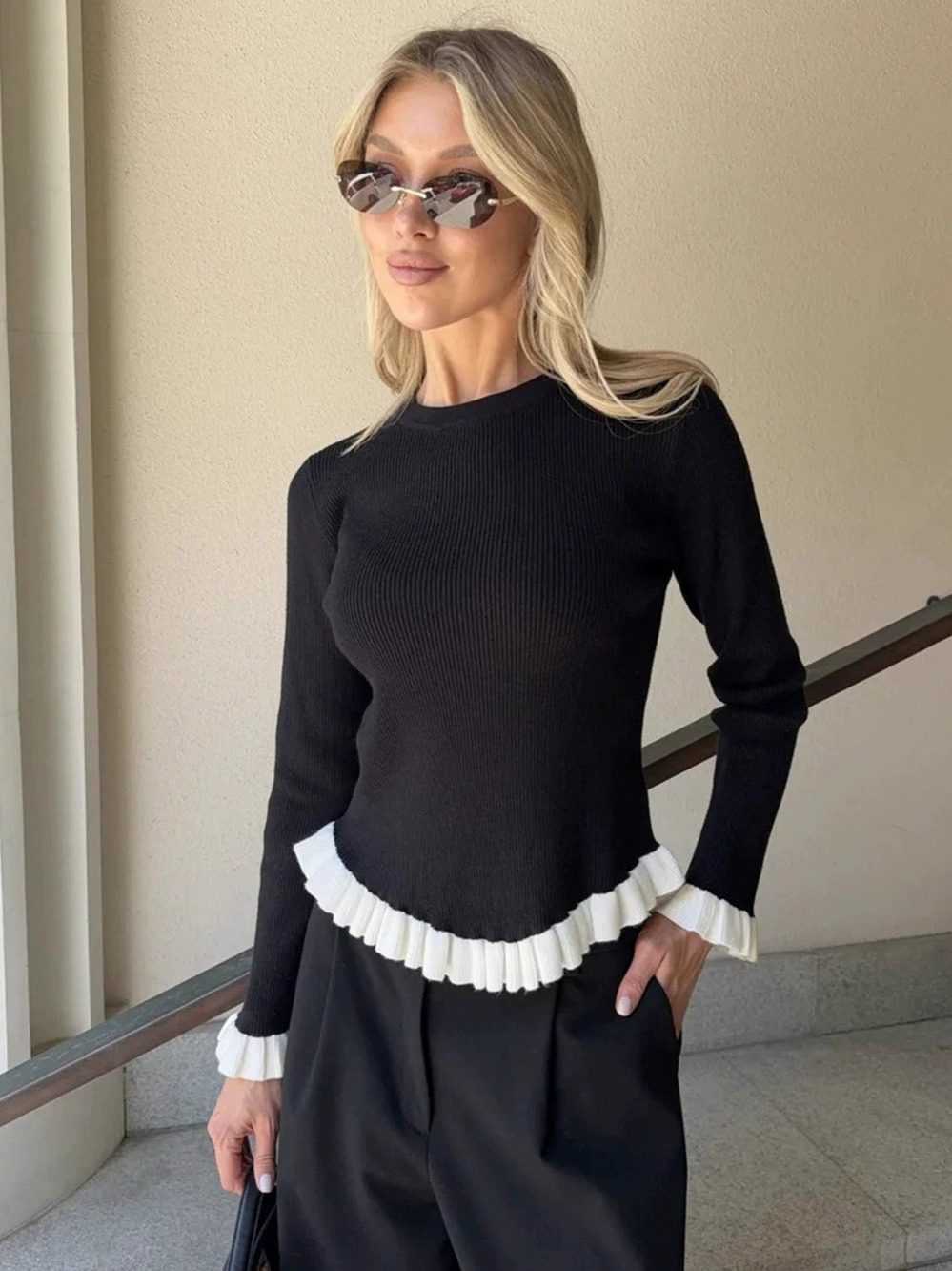 Zara Fall Winter Long Sleeve Turtleneck Color Block Layered Knit